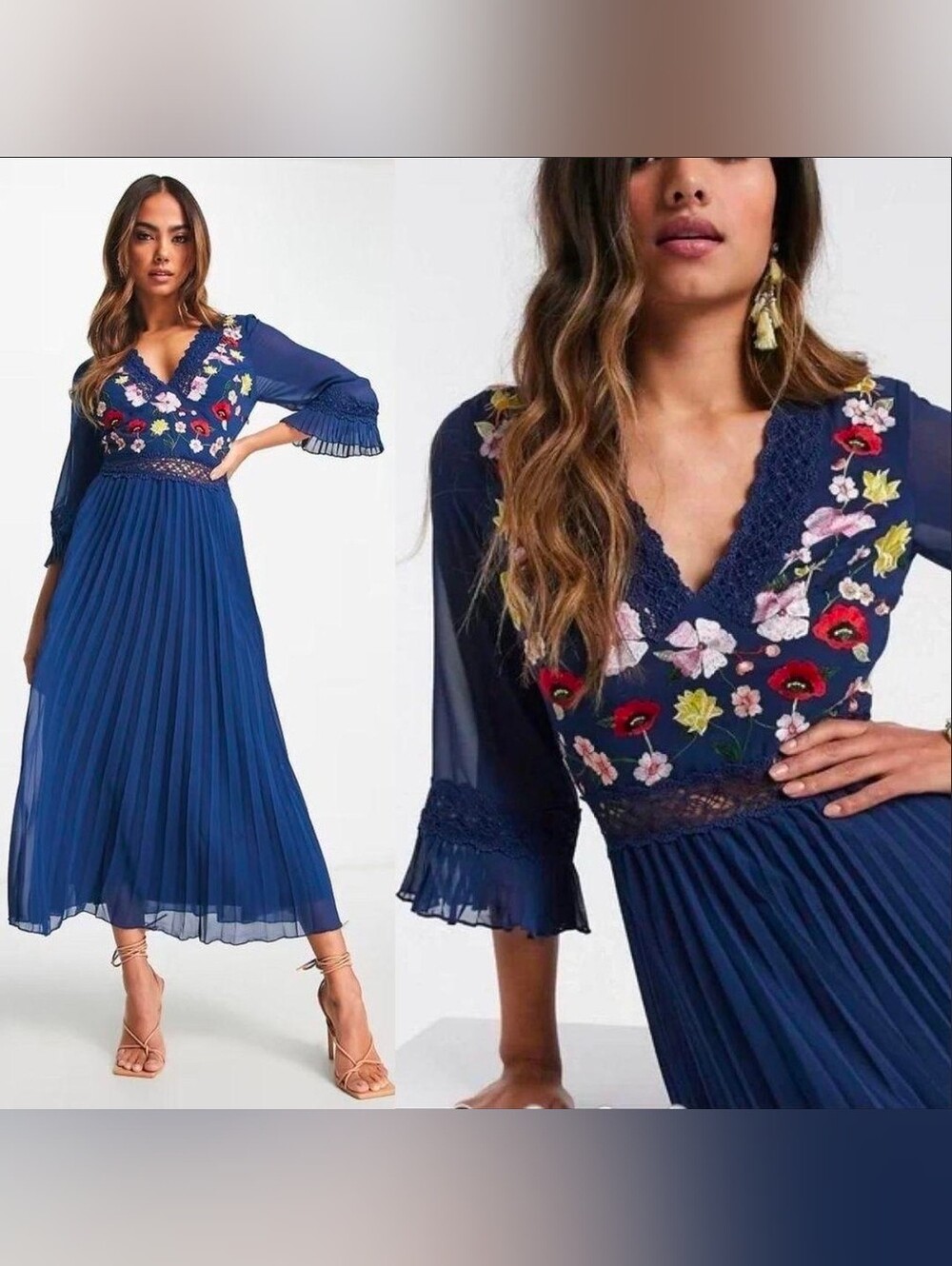 ASOS DESIGN Floral Embroidered Pleated Midi Dress in Navy-14#12